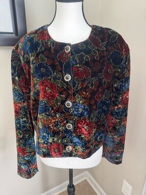 Brittany Nicole Vintage Floral Velvet Cropped Jacket Gold Buttons USA L